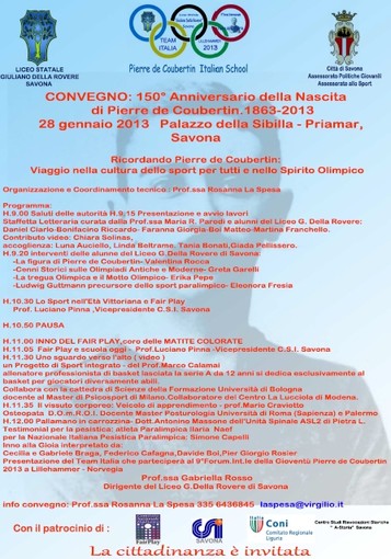 Savona, alla Fortezza del Priamar il convegno sul 150° anniversario della nascita di Pierre de Coubertin