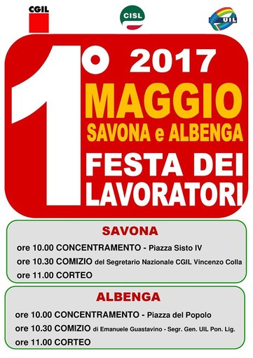 1° Maggio: le manifestazioni di Cgil, Cisl e Uil in Provincia di Savona