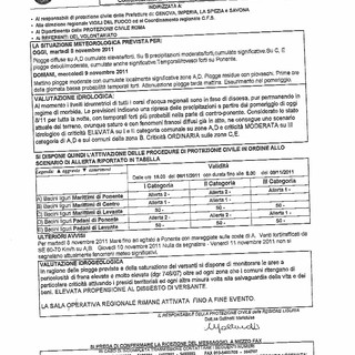 Prefettura di Savona: messaggio in corso di evento meteo