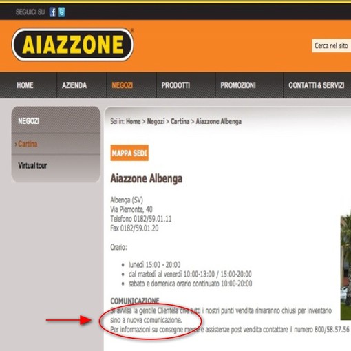 Aiazzone nella bufera giudiziaria: Punti vendita &quot;chiusi per inventario fino a nuova comunicazione&quot;