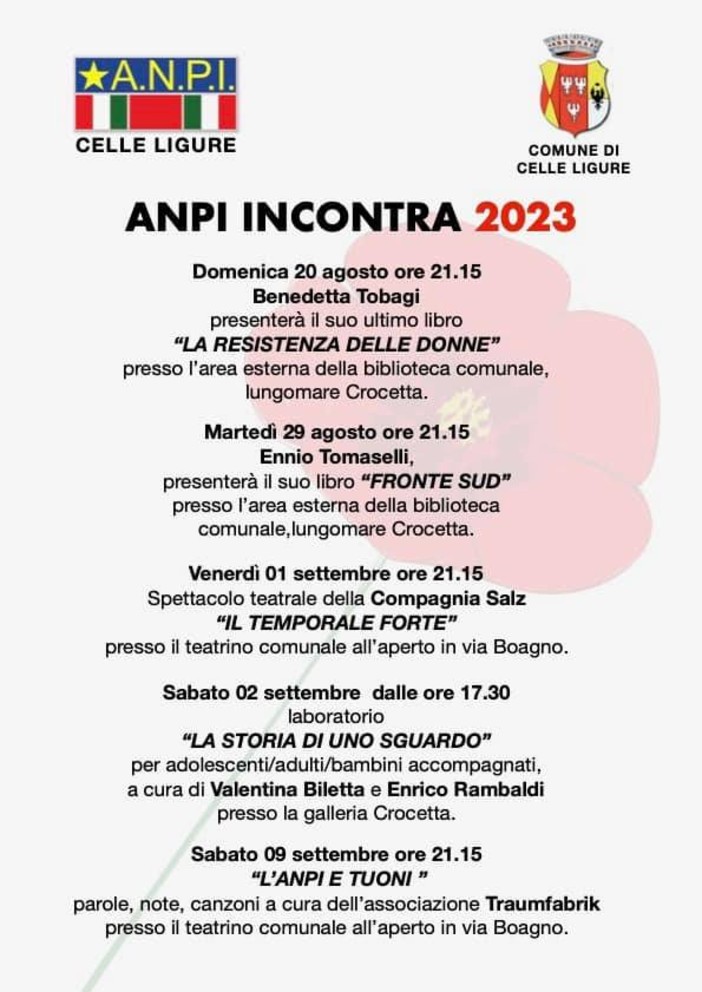 Celle, al via la terza edizione di “Anpi incontra”: 5 appuntamenti dal 20 agosto al 9 settembre