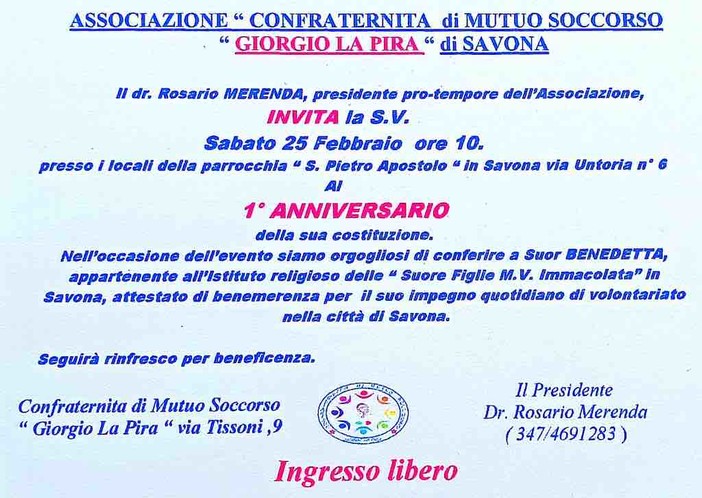 La Confraternita di mutuo soccorso &quot;La Pira&quot; celebra il suo primo anno