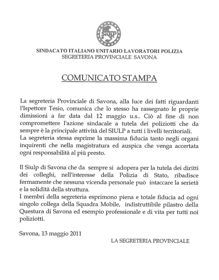 Siulp - Polizia: L'Ispettore Tesio rassegna le proprie dimissioni dalla carica sindacale