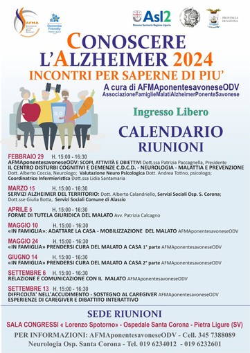 Alzheimer, al Santa Corona 8 incontri per aiutare pazienti e famiglie ad affrontare la malattia