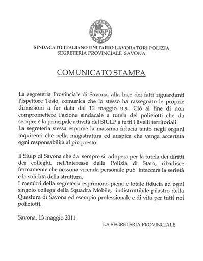 Siulp - Polizia: L'Ispettore Tesio rassegna le proprie dimissioni dalla carica sindacale