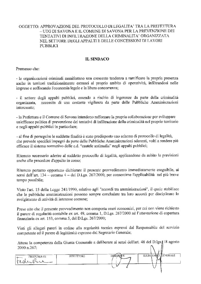 Siglato questa mattina tra Comune di Savona e Prefettura un protocollo per lo sviluppo della legalità e la trasparenza degli appalti pubblici