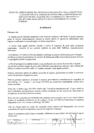 Siglato questa mattina tra Comune di Savona e Prefettura un protocollo per lo sviluppo della legalità e la trasparenza degli appalti pubblici