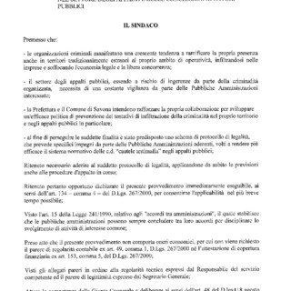 Siglato questa mattina tra Comune di Savona e Prefettura un protocollo per lo sviluppo della legalità e la trasparenza degli appalti pubblici