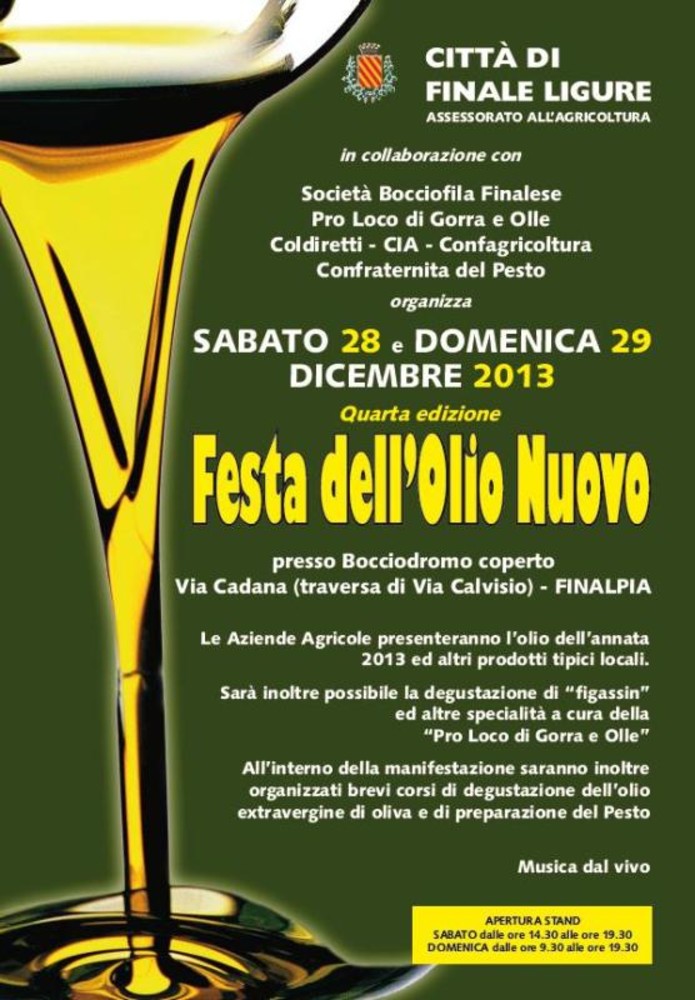 Finale Ligure: Festa dell'olio nuovo sabato 28 e domenica 29 dicembre