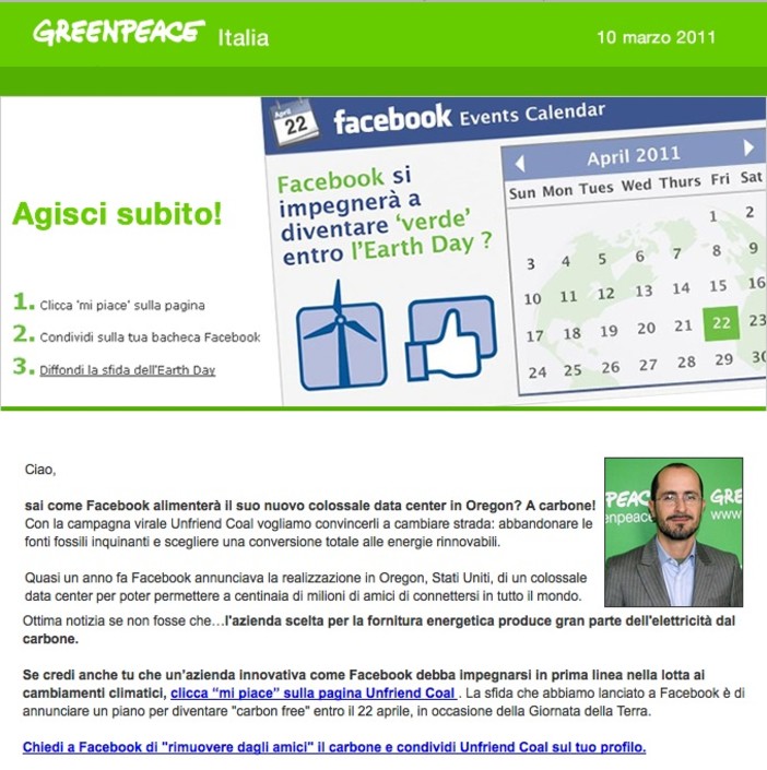 Appello di Greenpeace Italia: un click per rimuovere il carbone da facebook