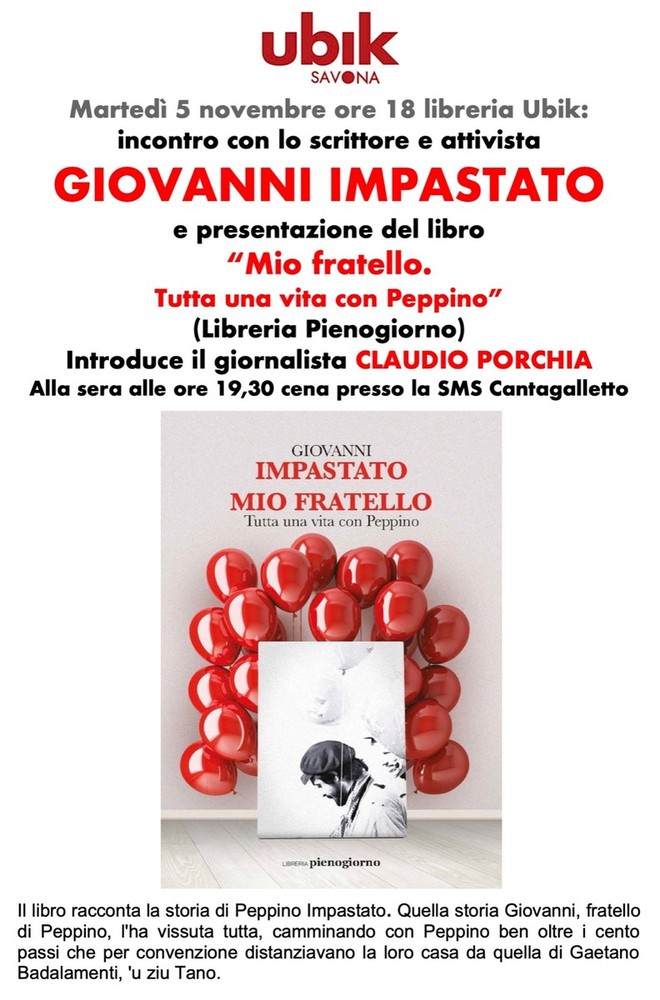 Ubik Savona: martedì 5 novembre ore 18 incontro con lo scrittore e attivista Giovanni Impastato.