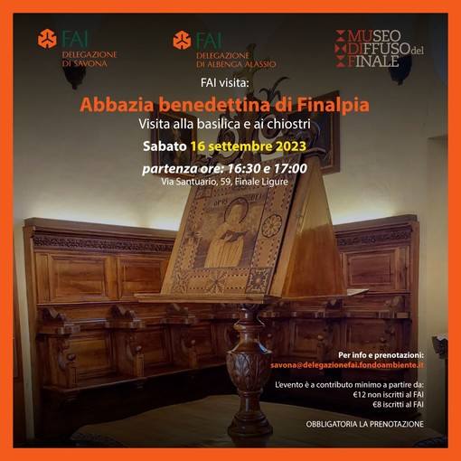 Delegazioni FAI di Albenga-Alassio e di Savona, sabato 16 settembre visita inedita all’Abbazia benedettina di Finalpia