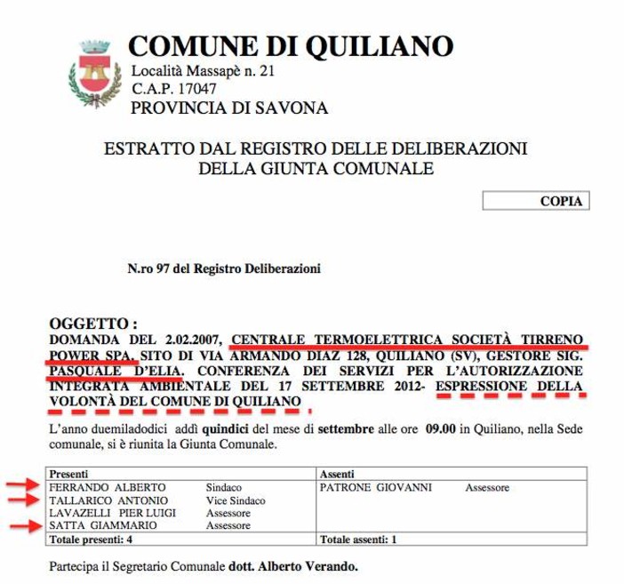 La giunta di Quiliano delibera in ginocchio sull'AIA a Tirreno Power, ma su quattro presenti, tre avrebbero parenti che ci lavorano. Delibera non valida?