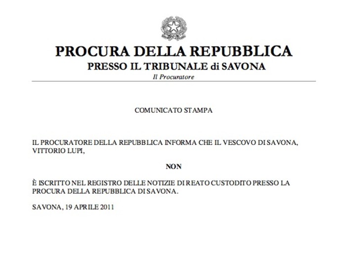 La Procura di Savona smentisce: Il Vescovo Lupi NON è iscritto nel registro degli indagati