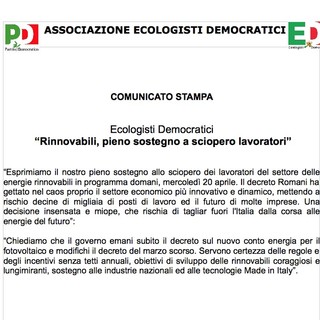 Dagli &quot;Ecologisti Democratici&quot; pieno sostegno allo sciopero lavoratori delle rinnovabili &quot;ma anche&quot; al carbon fossile?