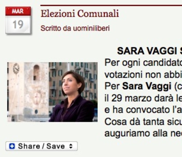 UominiLiberi: Sara Vaggi sicura di un posto in consiglio comunale (a Savona). Da cosa deriva questa &quot;sicurezza&quot;?