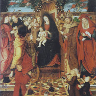 Tuccio d’Andria, Matrimonio mistico di Santa Caterina alla presenza dei SS. Pantaleo, Pietro martire, Pietro, Bonaventura, Gerolamo e dei committenti, Conservata nel Museo del Tesoro del Duomo Savonese