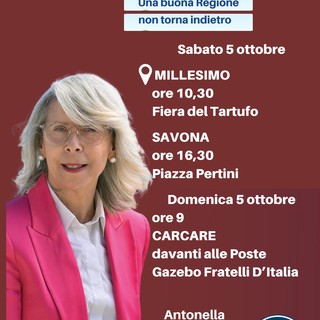 Regionali, tappe elettorali per Antonella Tosi (FdI): nel weekend sarà a Millesimo, Savona e Carcare