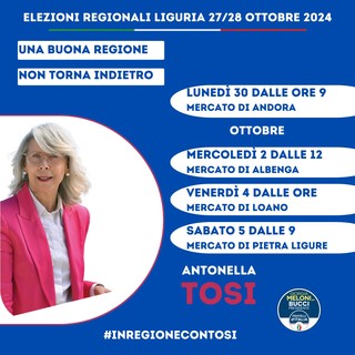 Regionali, le tappe elettorali di Antonella Tosi: incontri ad Andora, Albenga, Loano e Pietra Ligure