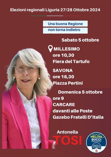 Regionali, tappe elettorali per Antonella Tosi (FdI): nel weekend sarà a Millesimo, Savona e Carcare