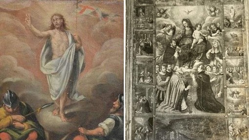 A sinistra la porzione recuperata, la “Resurrezione di Cristo”. A destra l'opera completa