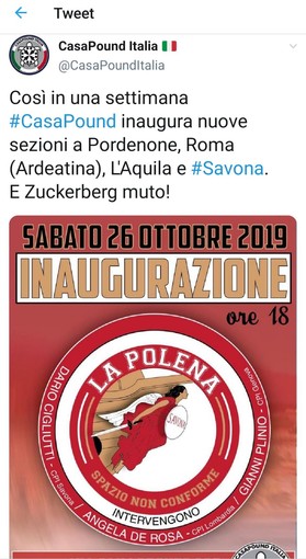 &quot;E Zuckerberg muto&quot;: CasaPound annuncia su Twitter l'apertura a Savona, l'Anpi insorge