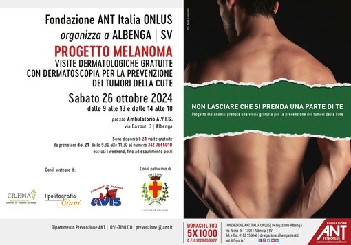 Albenga, torna il progetto Melanoma di Fondazione ANT: il 26 ottobre visite gratuite per le neoplasie della pelle