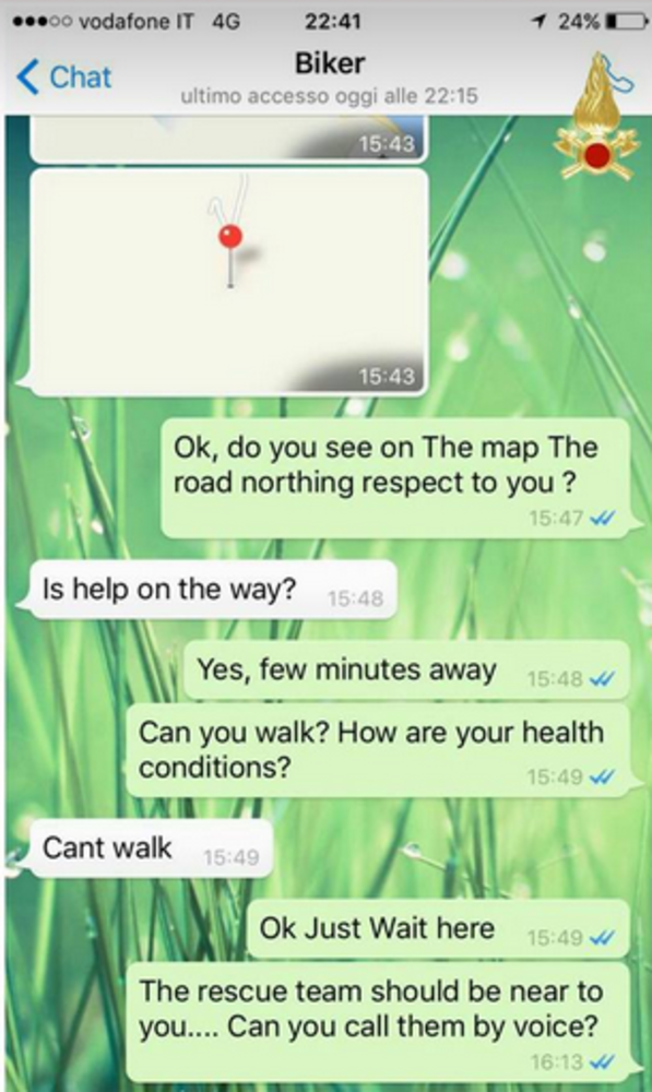 Biker soccorso prontamente grazie all'invio della posizione mandato su Whatsapp