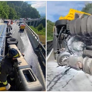 Incidente sulla A6, camion si ribalta all'interno di un cantiere tra Millesimo e Ceva: autostrada chiusa (FOTO e VIDEO)