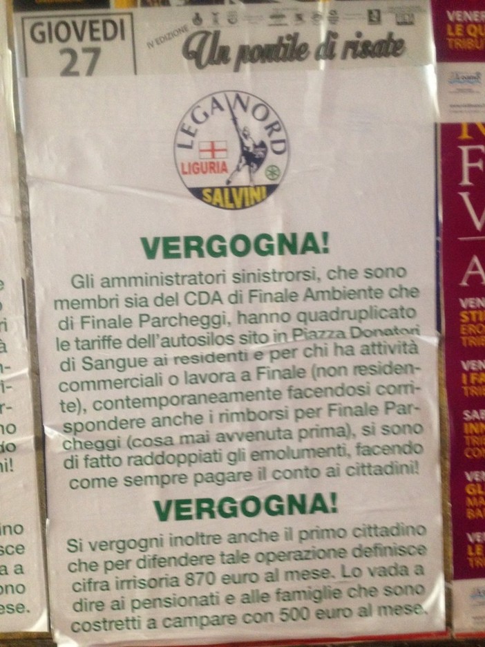 A Finale la Lega attacca l'amministrazione: &quot;Vergogna sui doppi emolumenti di Finale Ambiente e Parcheggi&quot;