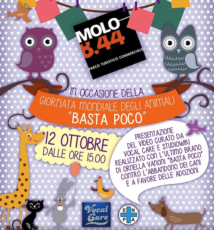 Vado Ligure, il 12 ottobre Molo 8.44 aderisce alla Giornata Mondiale degli Animali