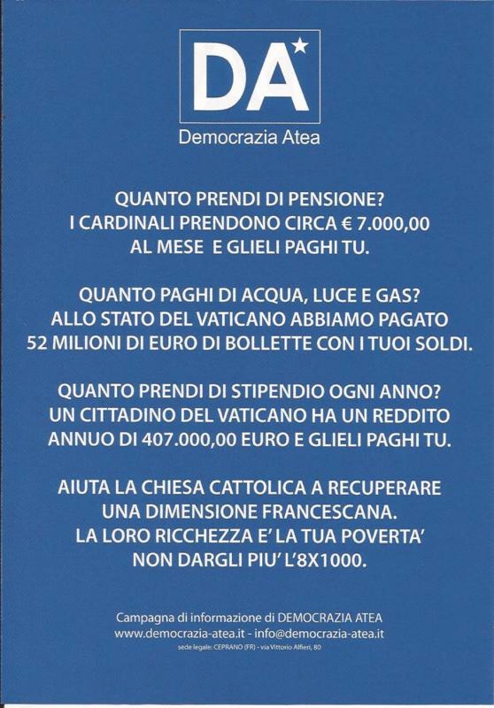 Privilegi del Vaticano? Parte anche a Savona la campagna d’informazione di Democrazia Atea