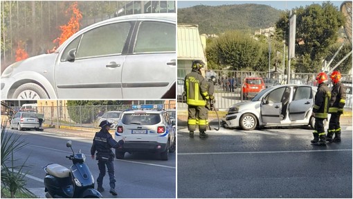 Pietra, vigili del fuoco intervengono per spegnere l'incendio di un'auto (FOTO E VIDEO)