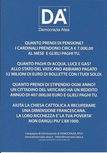 Privilegi del Vaticano? Parte anche a Savona la campagna d’informazione di Democrazia Atea