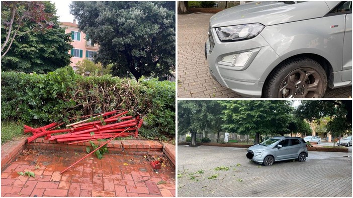 Calice, sbaglia manovra: un'auto distrugge la panchina rossa e la siepe di piazza Massa