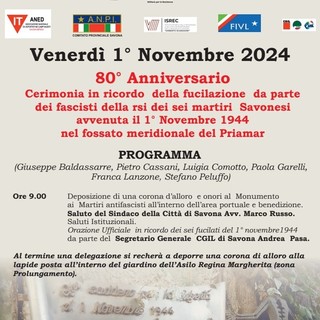 Savona eccidio del Priamar, il 1 novembre si ricordano i 6 antifascisti uccisi al Bastione della fortezza