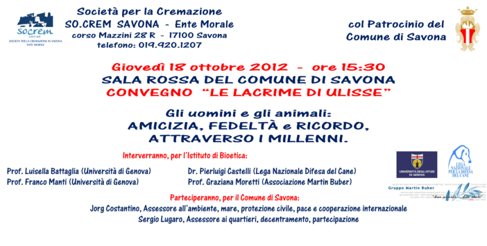Socrem organizza un incontro a Savona: &quot;Le lacrime di Ulisse&quot;, sensibilizzare sulla cremazione degli animali