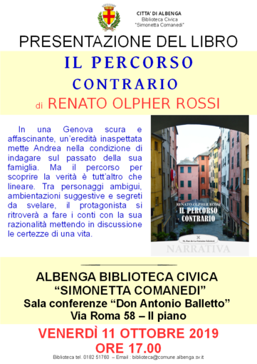 Albenga, in biblioteca la presentazione del libro: “Il percorso contrario”