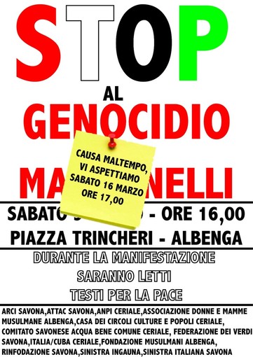 Albenga, rimandata per maltempo la manifestazione &quot;Stop al genocidio e ai manganelli&quot;
