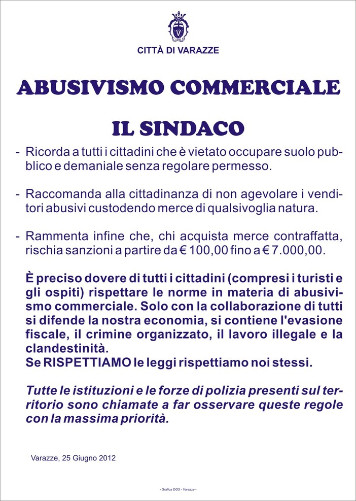 Varazze e i manifesti sull'abusivismo commerciale