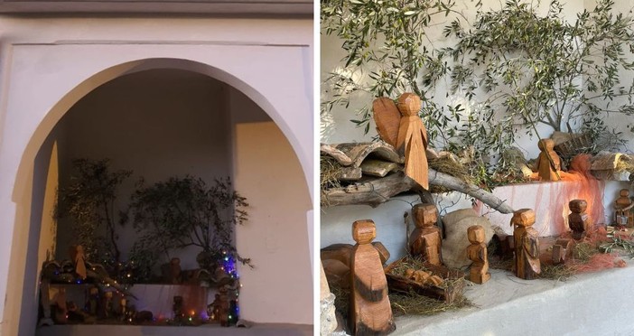 Un presepe in legno realizzato dai residenti sui gradoni della chiesa di Marmoreo