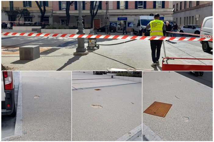 Savona, la nuova piazza Diaz piena di buchi, l'impresa al lavoro per sistemarli