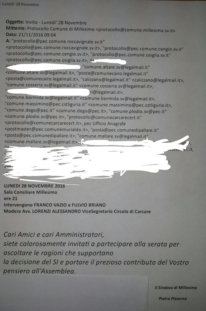 Millesimo, inviti al &quot;SI&quot; dalla mail del Protocollo: è polemica