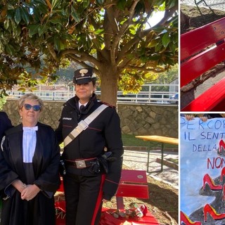 Una panchina rossa a Villanova d’Albenga, la giudice Fiorenza Giorgi: “Tolleranza e rispetto i valori da insegnare ai giovani” (FOTO e VIDEO)