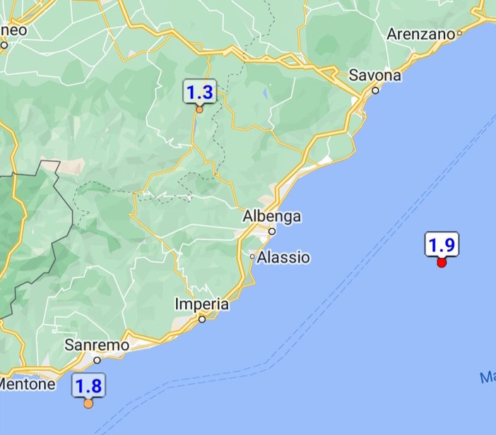 Attività sismica: scossa di magnitudo 1.9 al largo di Albenga