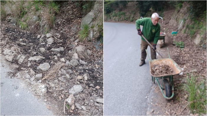 Savona, in via alla Strà i detriti di una frana ingombrano la strada, i residenti si organizzano  fanno pulizia