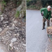 Savona, in via alla Strà i detriti di una frana ingombrano la strada, i residenti si organizzano  fanno pulizia