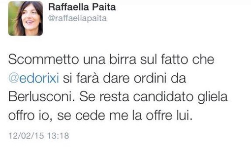 Raffaella Paita la profeta:&quot;Scommetto una birra che @edorixi si farà dare ordini da Berlusconi&quot;